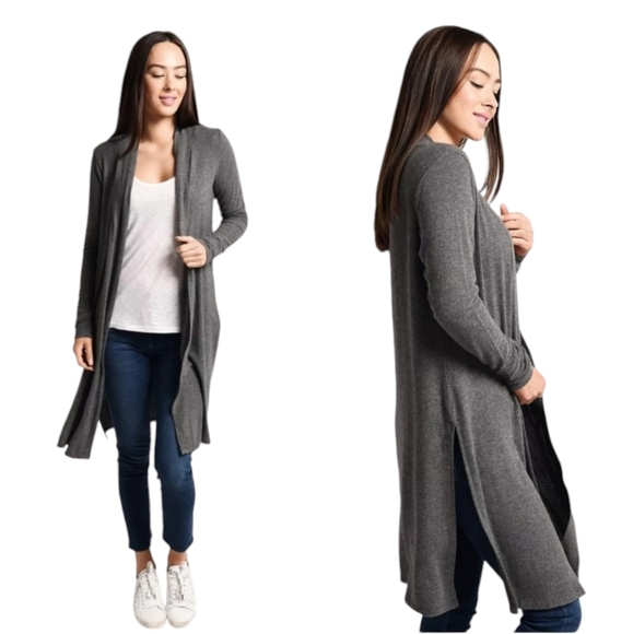 Beyond Yoga Heather Gray Long Duster Cardigan Sz XS Side Slit Athleisure Soft - Picture 1 of 12